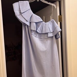 Main Strip Blue and White One-Shoulder Dress